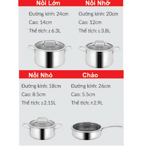 Eurosun Bộ Nồi MC1801 Luxury – Toàn Thân Inox SUS304 – Dùng Được Bếp Từ, 3 Lớp Đáy Tản Nhiệt Nhanh 6 Bộ Nồi Inox 3 Đáy Eurosun MC1801 Luxury