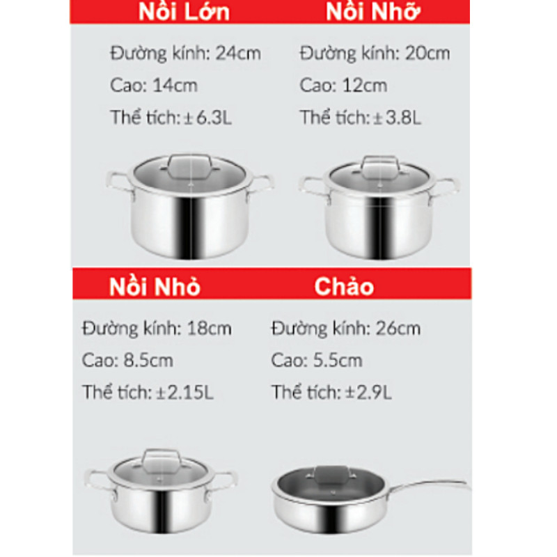 Eurosun Bộ Nồi MC1801 Luxury – Toàn Thân Inox SUS304 – Dùng Được Bếp Từ, 3 Lớp Đáy Tản Nhiệt Nhanh 4 Bộ Nồi Inox 3 Đáy Eurosun MC1801 Luxury