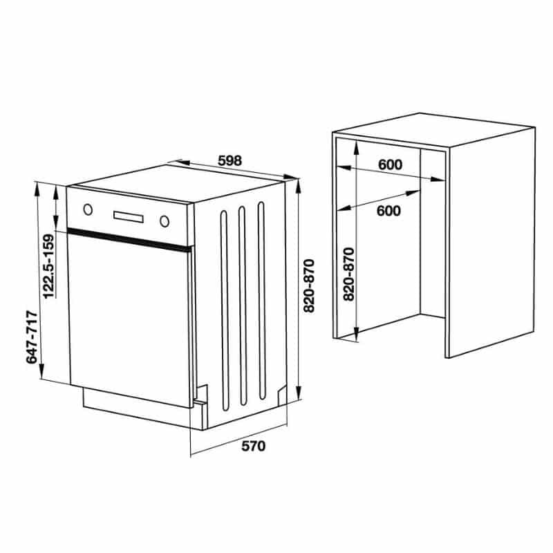 Hafele HDW-HI60C Máy Rửa Chén Âm Bán Phần 533.23.210 – Mặt Kính Đen, Màn Hình LED – Miễn Phí Lắp Đặt 8 Kích thước Máy rửa chén bát âm bán phần Hafele HDW-HI60B 533.23.210
