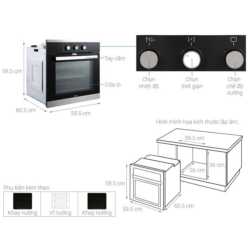 Lò nướng Hafele HO-K60B 534.05.581 – Thiết kế sang trọng, 65L, an toàn với cửa kính 3 lớp 6 Thông số Lò nướng âm tủ Hafele HO-K60B 534.05.581