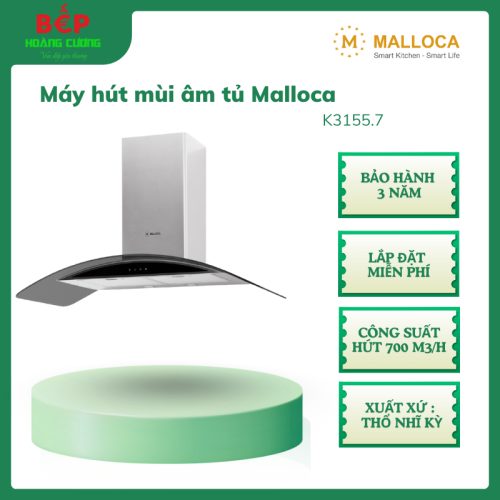Máy hút khói khử mùi Malloca K3155.7 – Inox, kính màu chàm, 3 tốc độ, đèn LED tiết kiệm điện