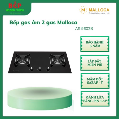 Bếp Gas Âm Malloca AS 9602B – Kiềng Gang Đúc, Kính Đen 8mm, Công Suất 4.6–4.0kW, Linh Kiện Ý