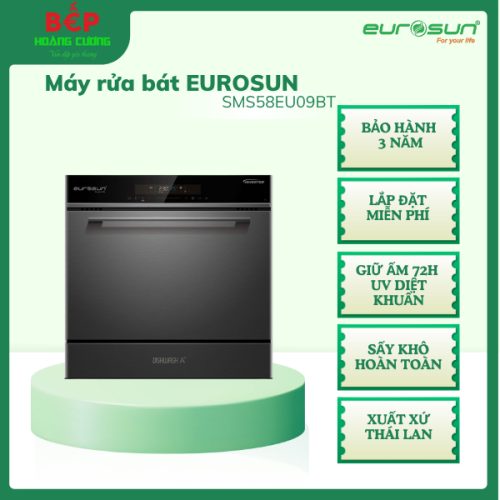 Máy rửa bát âm tủ hoặc độc lập Eurosun SMS58EU09BT, 8-10 bộ, màu inox đen, diệt khuẩn tối ưu