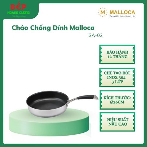 Malloca Chảo Chống Dính Inox Cao Cấp SA-02 - Kích thước 26CM, Dáy chảo dày 3 lớp