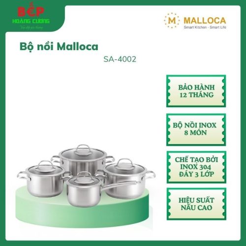 Malloca Bộ Nồi Inox 8 Món Cao Cấp SA-4002 Chế tạo bởi inox 304 – đáy 3 lớp, Hiệu suất nấu cao