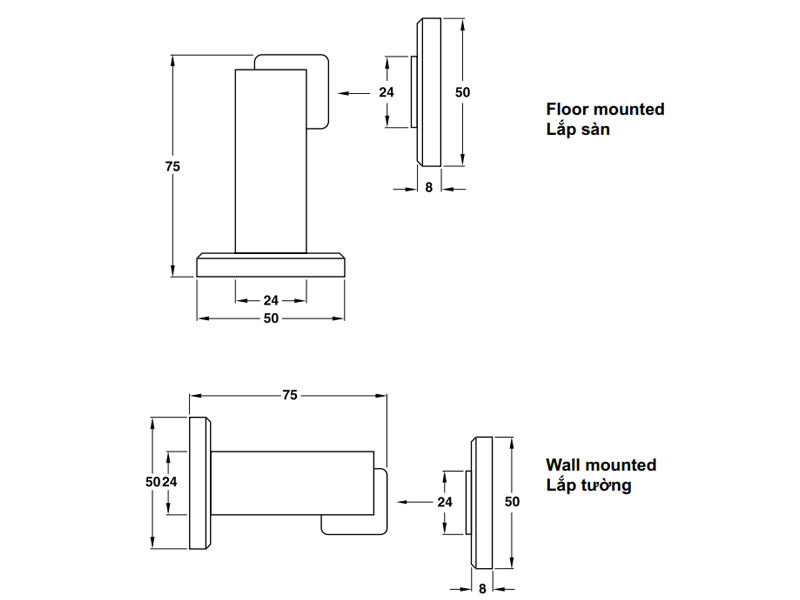 Hafele chặn cửa nam châm 938.23.004 - đồng thau cao cấp, hoàn thiện chrome mờ, giữ cửa cố định 6 Kích thước của Chặn cửa nam châm Hafele 938.23.004