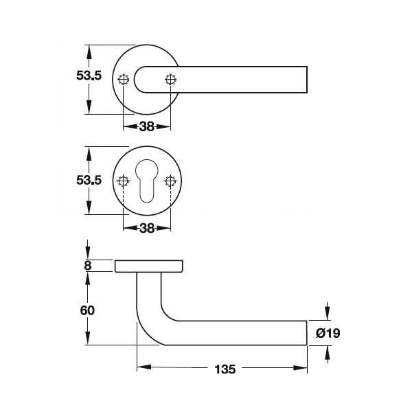 Tay nắm cửa phòng Hafele 903.92.596 - inox 304 mờ, nắp che tiện dụng, chống cháy, sang trọng và bền 8 Kích thước của Tay nắm gạt cửa phòng Hafele 903.92.596