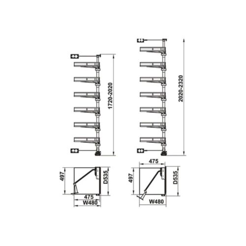 Tủ đồ khô Hafele Kara Vario 595.82.805, tủ xoay 6 tầng, có tấm lót chống trượt rộng tủ 600mm 11 Bộ rổ xoay Hafele Kara Vario 595.82.805 6 tầng