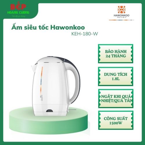 Hawonkoo Ấm Đun Nước KEH-180-W – Dung Tích 1.8L – Mở Nắp Một Chạm – Bảo Vệ Quá Nhiệt