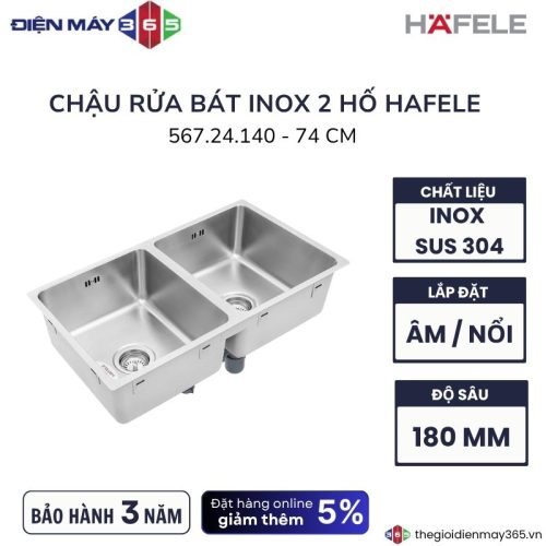 Chậu Rửa Chén HAFELE 567.24.140, Hai Hộc Inox 304 Lắp Âm 8 567.24.140