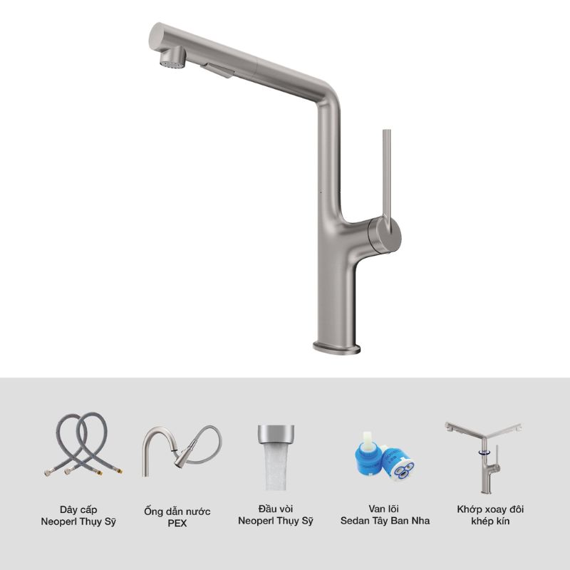 Vòi rửa bát dây rút nóng/lạnh Kluger AMBER Series KLF0001S Xoay 360 độ 4 Ảnh cấu tạo Kluger KLF0001S có dây rút