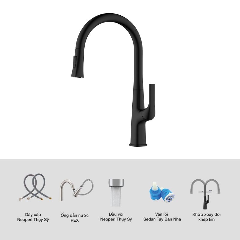 Vòi rửa bát Kluger HARMONY Series KLF0002B, Dây cấp Neoperl Thụy Sỹ, Xoay 360 độ 6 Ảnh cấu tạo Kluger KLF0002B có dây rút