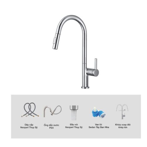 Vòi rửa bát Kluger VINCENT Series KLF0003C, Hợp kim đồng, Xoay 360 độ, điều chỉnh nóng/lạnh 11 Ảnh cấu tạo Kluger KLF0003C có dây rút