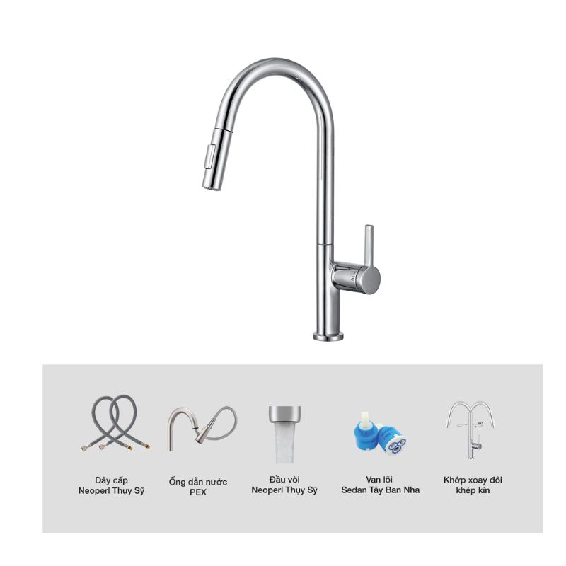 Vòi rửa bát Kluger VINCENT Series KLF0003C, Hợp kim đồng, Xoay 360 độ, điều chỉnh nóng/lạnh 6 Ảnh cấu tạo Kluger KLF0003C có dây rút