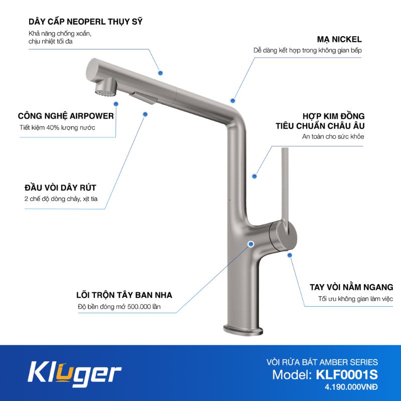 Vòi rửa bát dây rút nóng/lạnh Kluger AMBER Series KLF0001S Xoay 360 độ 5 Ảnh thông số Kluger KLF0001S có dây rút