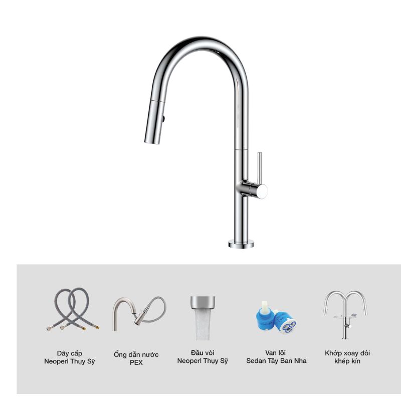 Vòi rửa bát Kluger JADE Series KLF0010C, Xoay 360 độ, điều chỉnh nóng/lạnh 6 Ảnh thông số Kluger KLF0010C có dây rút