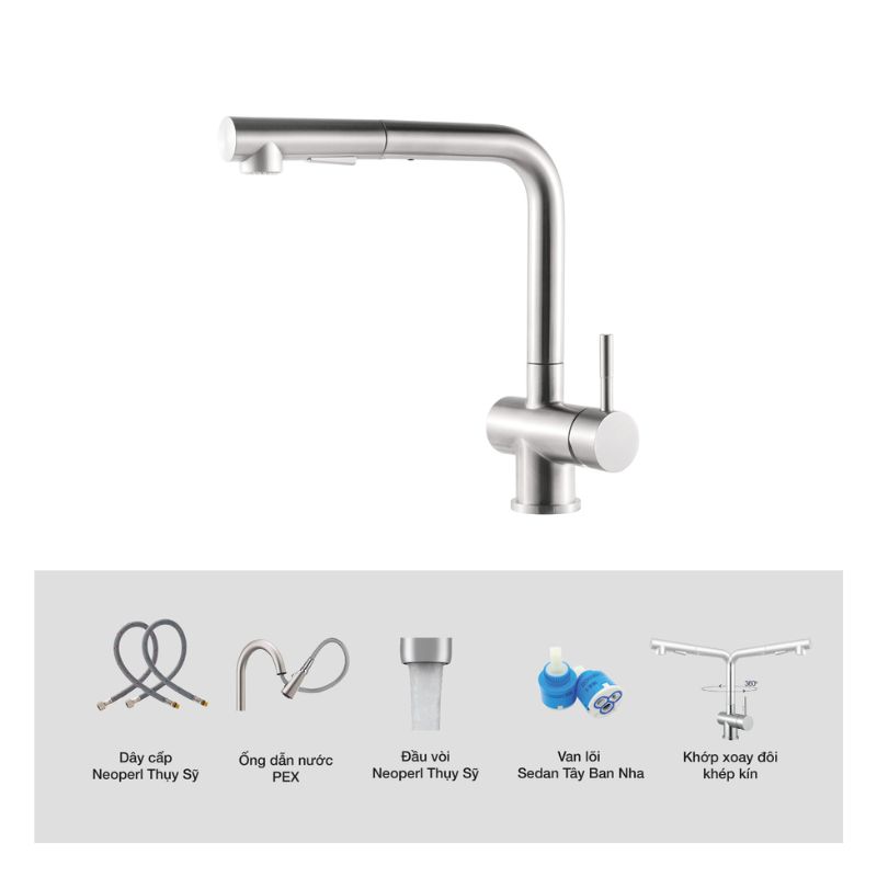 Vòi rửa bát dây rút thế hệ mới Kluger HOPE Series KLF0013C, Xoay 360 độ, điều chỉnh nóng/lạnh 4 Ảnh thông số Kluger KLF0013C có dây rút