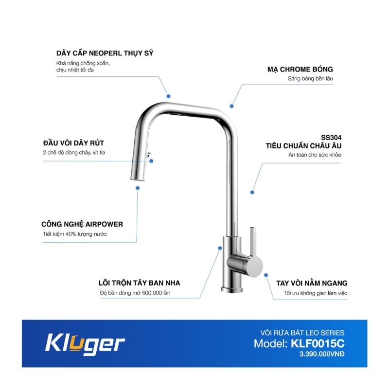 Vòi rửa bát dây rút thế hệ mới Kluger LEO Series KLF0015C, Xoay 360 độ, điều chỉnh nóng/lạnh 7 Ảnh thông số Kluger KLF0015C