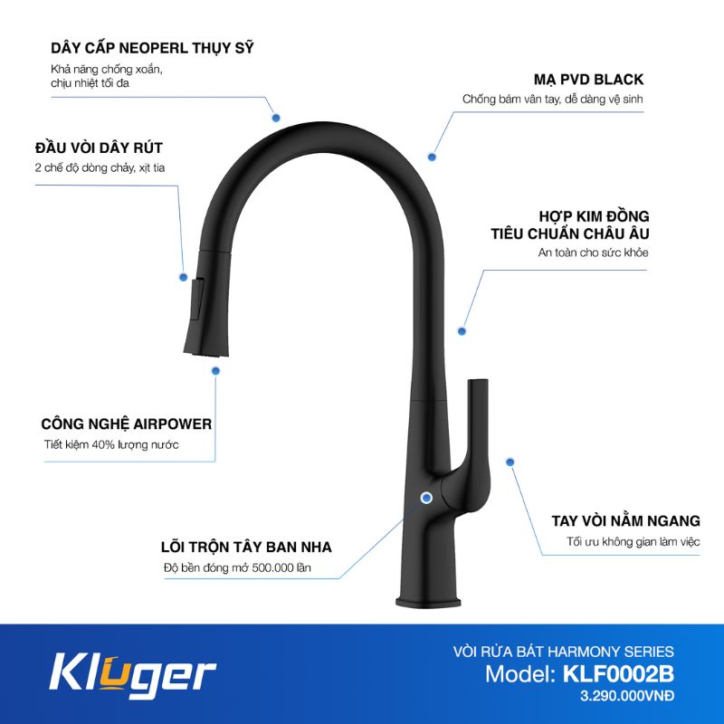 Vòi rửa bát Kluger HARMONY Series KLF0002B, Dây cấp Neoperl Thụy Sỹ, Xoay 360 độ 7 Hình ảnh cấu tạo Kluger KLF0002B có dây rút