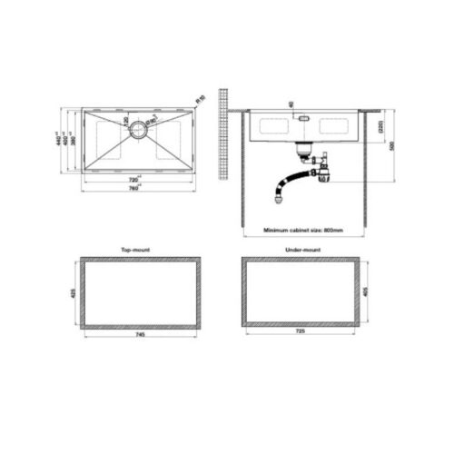 Hafele 567.24.467 Chậu Rửa Chén Inox HS24-SSN1S-7644 - Bề mặt vân nổi chống trầy – Hàng chính hãng 13 Kích thước chậu rửa bát Inox 1 hố Hafele WS R0 HS24-SSN1S-7644 SILVER 567.24.467
