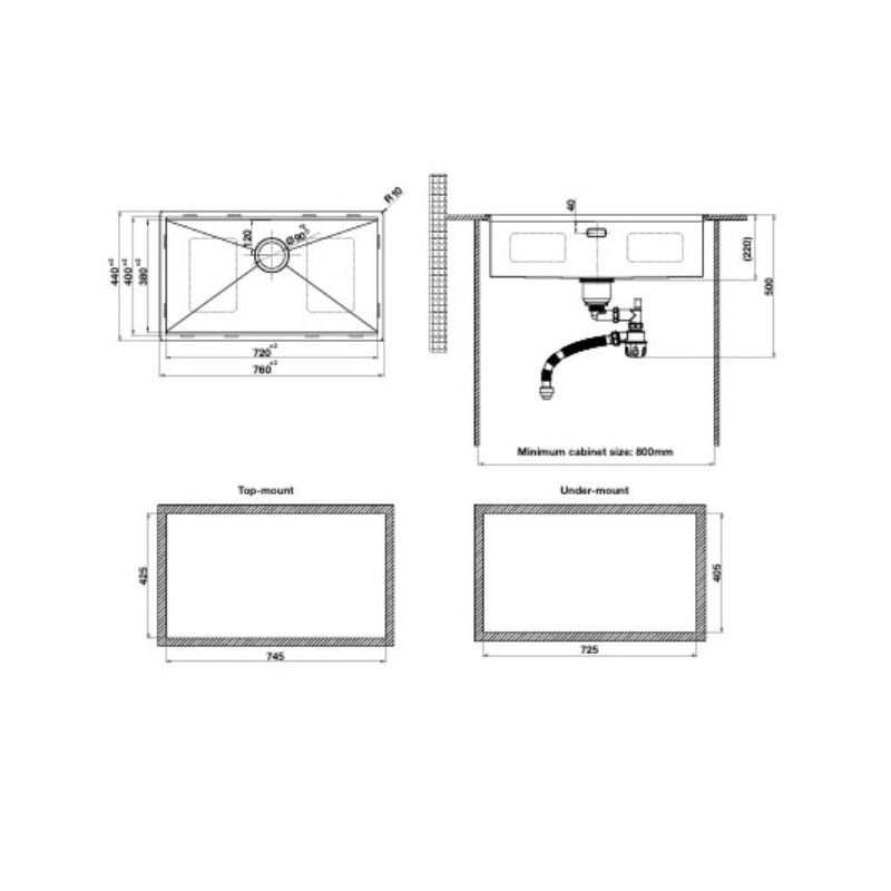 Hafele 567.24.467 Chậu Rửa Chén Inox HS24-SSN1S-7644 - Bề mặt vân nổi chống trầy – Hàng chính hãng 8 Kích thước chậu rửa bát Inox 1 hố Hafele WS R0 HS24-SSN1S-7644 SILVER 567.24.467