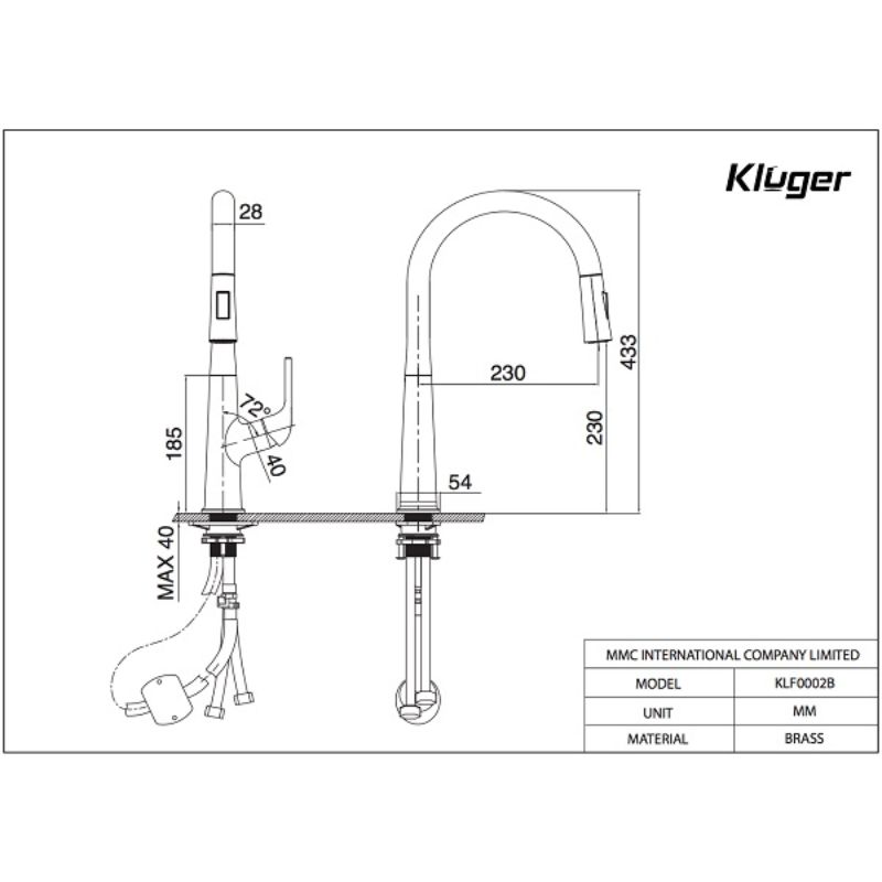 Vòi rửa bát Kluger HARMONY Series KLF0002B, Dây cấp Neoperl Thụy Sỹ, Xoay 360 độ 9 Kích thước vòi rửa bát nóng lạnh Kluger KLF0002B có dây rút