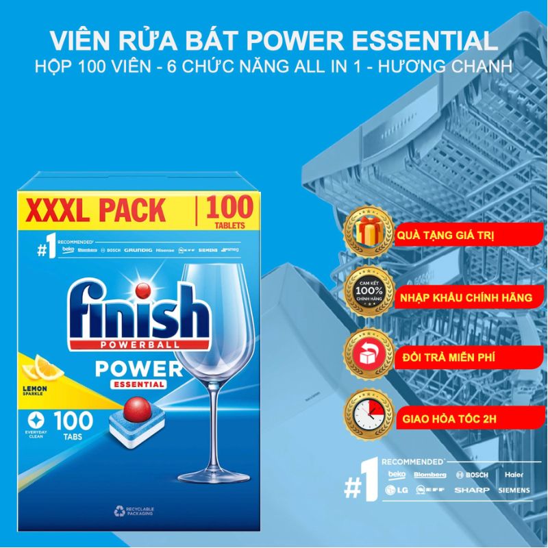 Finish Power All in One 100 viên – Viên rửa chén máy – Hòa tan nhanh – Sạch bóng không cặn 3 Chức năng viên rửa bát Finish Power All In One 100 viên