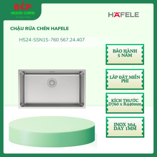 Chậu Rửa Chén Hafele HS24-SSN1S-760 567.24.407, Độ dày 1.0mm, lắp đặt âm