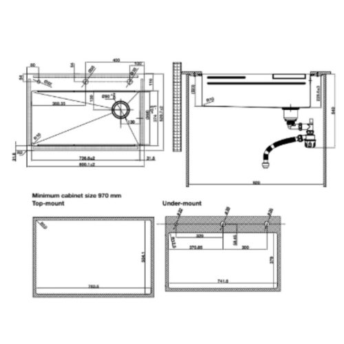 Kích thước chậu rửa bát Hafele WF R10 HS25-SSN1S-8052 567.24.489 Đen
