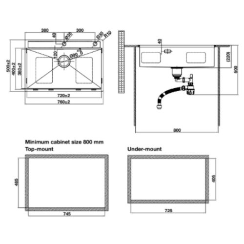 Kích thước chậu rửa bát Hafele WS R10 HS25-SSN1S-7650 567.24.484 Titan