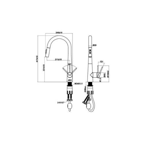 Kích thước vòi rửa bát nóng lạnh Hafele LUX-P HT25-SH1P417 567.24.498 Đen