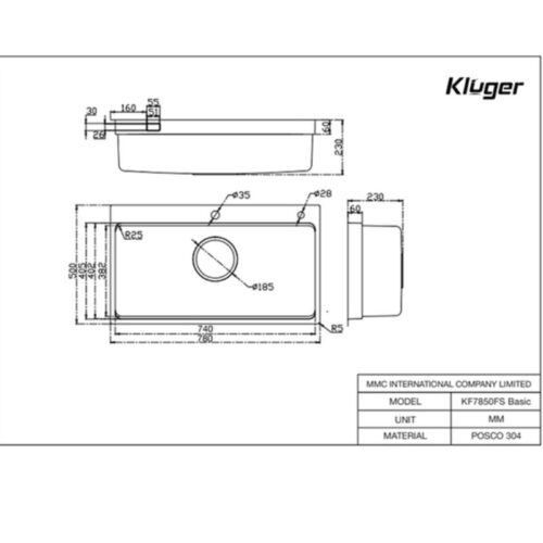 Chậu rửa bát Kluger MOD Series KF7850FS basic Bề mặt LINEN dập nổi, Thép không gỉ Inox 304 17 Ảnh 2d Kluger KF7850FS Basic