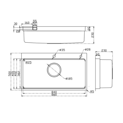 Chậu rửa bát Kluger MOD Series KF8850FSPlus, Bề mặt LINEN dập nổi, Thép không gỉ Inox 304 15 Kích thước chậu rửa bát Kluger KF8850FS Plus