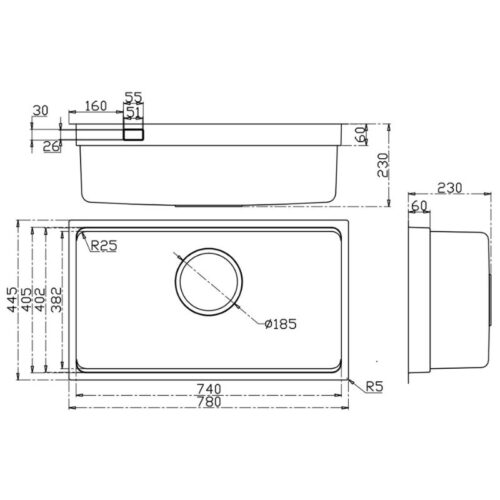 Chậu rửa bát Kluger MOD Series KU7844FS Basic, Bề mặt LINEN dập nổi, Thép không gỉ Inox 304 13 Kích thước chậu rửa bát Kluger KU7844FS Basic